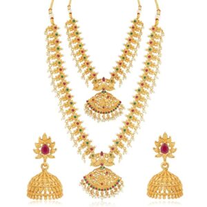 Classic Pearl Gold Plated Peacock Long Haram Necklace Set for Women